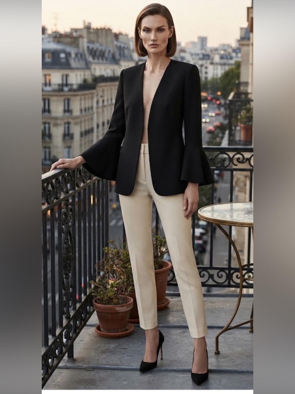 Vince Camuto Black Woven Open Blazer, Statement Bell Sleeve Jacket